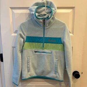 cotopaxi Pale Blue Pullover Hoodie with Teal and Lime Stripes